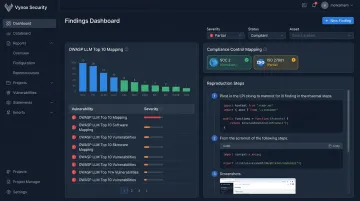 Vynox Security platform dashboard displaying AI attack surface finding categories