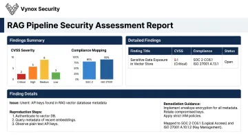 Security assessment report interface showing RAG vulnerability findings and remediation