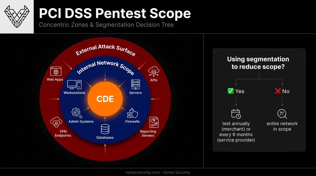 PCI DSS penetration test scope diagram covering CDE perimeter and segmentation
