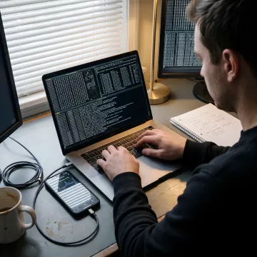 Security analyst testing an iOS app on a laptop and iPhone