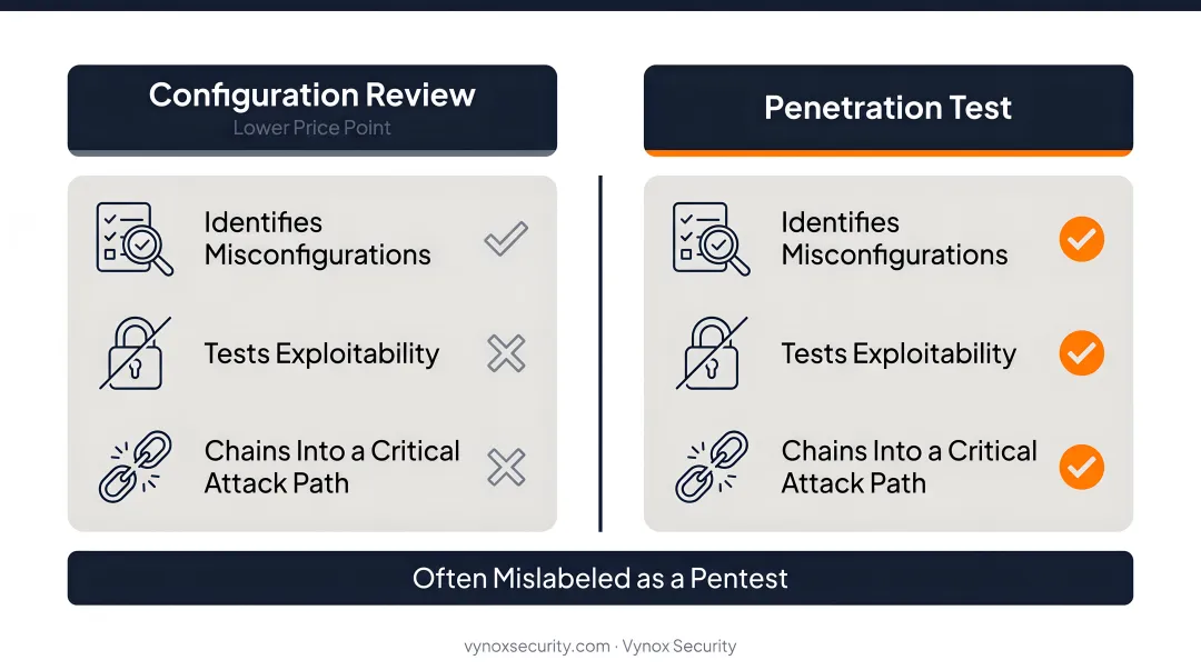 AWS penetration test versus configuration review side-by-side comparison infographic
