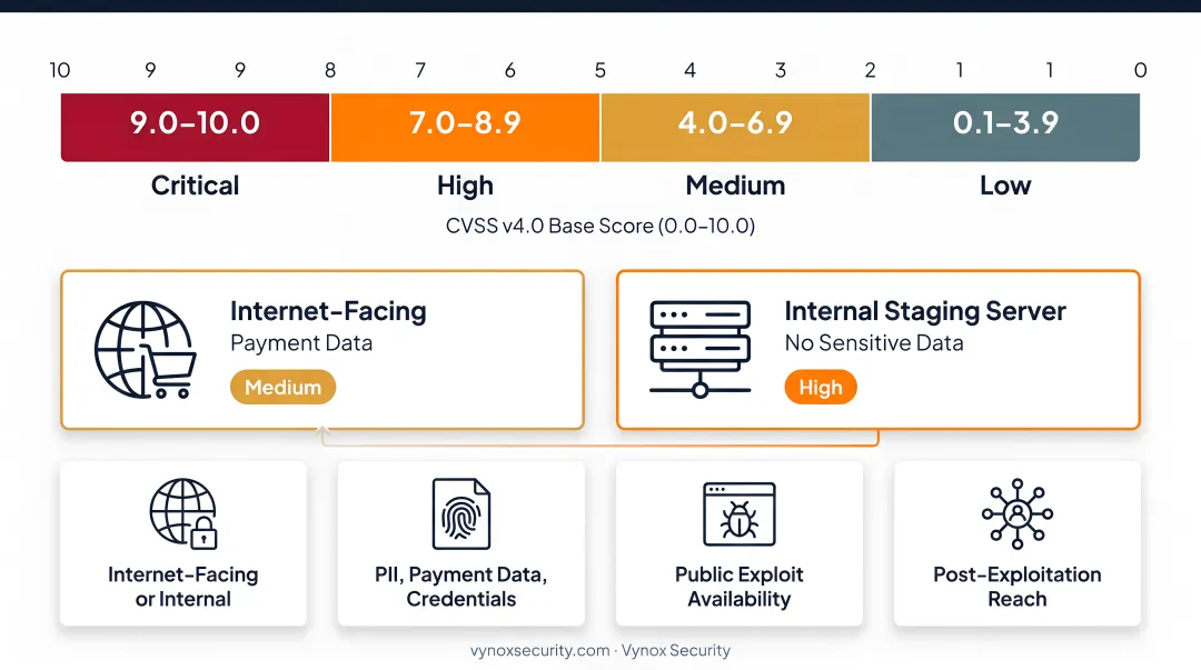 CVSS severity rating scale with business context risk adjustment factors comparison