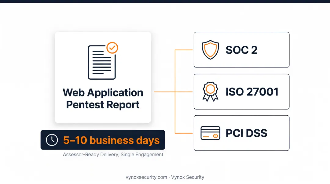 Vynox Security web application pentest report showing compliance mapped findings and severity ratings