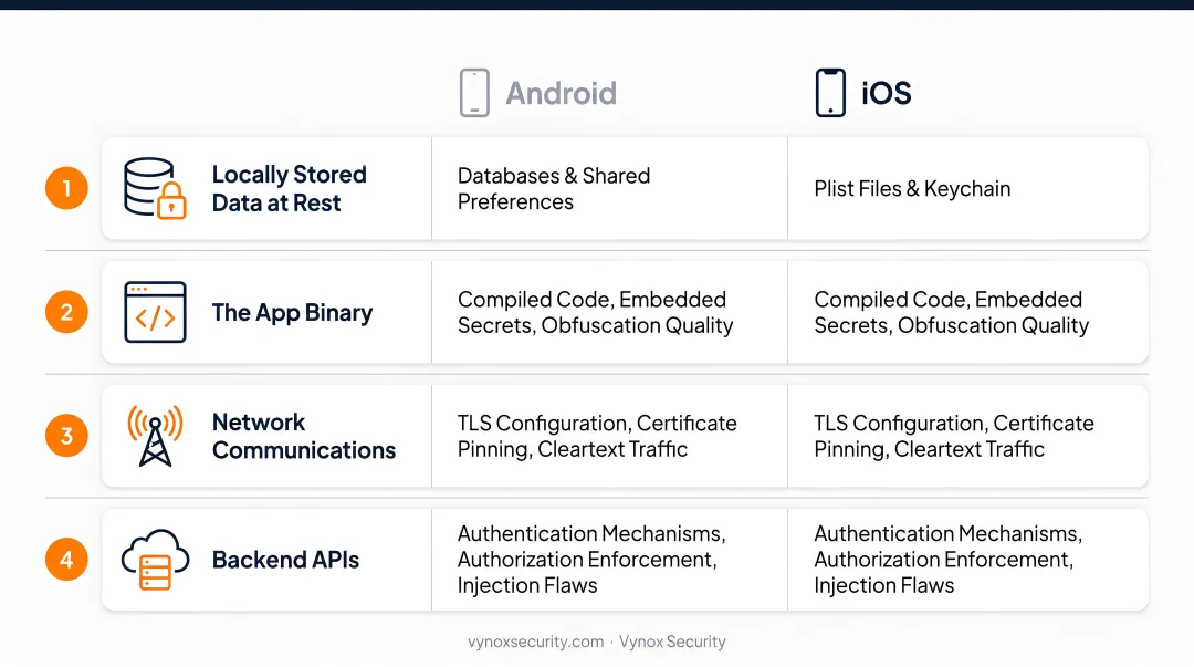 Four mobile app attack surfaces static binary network and API diagram