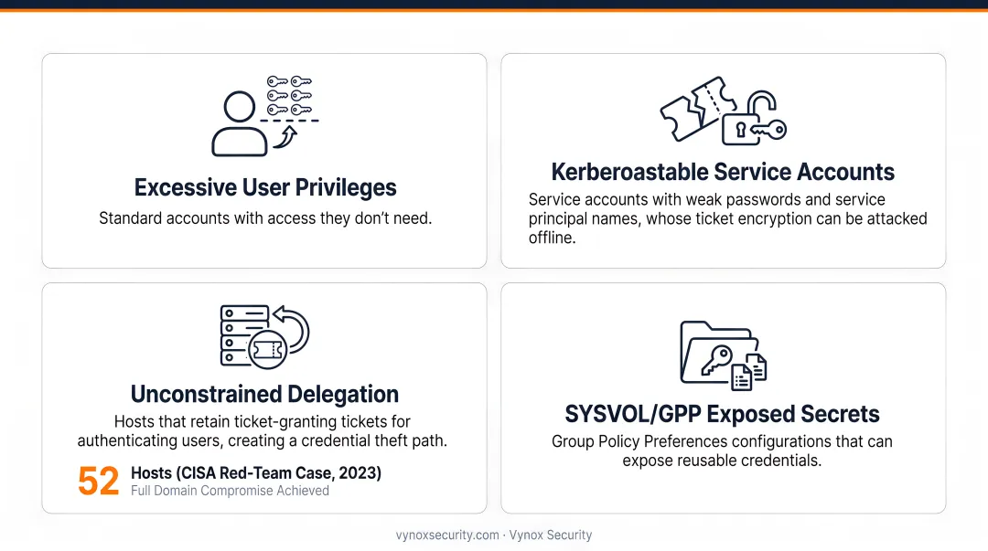 Active Directory misconfiguration types and privilege escalation risk breakdown infographic