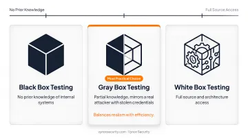 Black box gray box white box penetration testing methodology comparison infographic