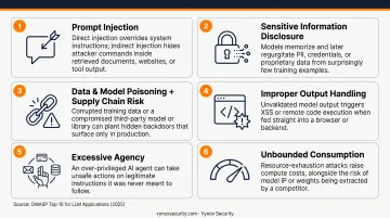 Key OWASP LLM security risks including prompt injection and excessive agency