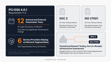 Firewall penetration testing compliance requirements comparison across PCI DSS SOC 2 and ISO 27001