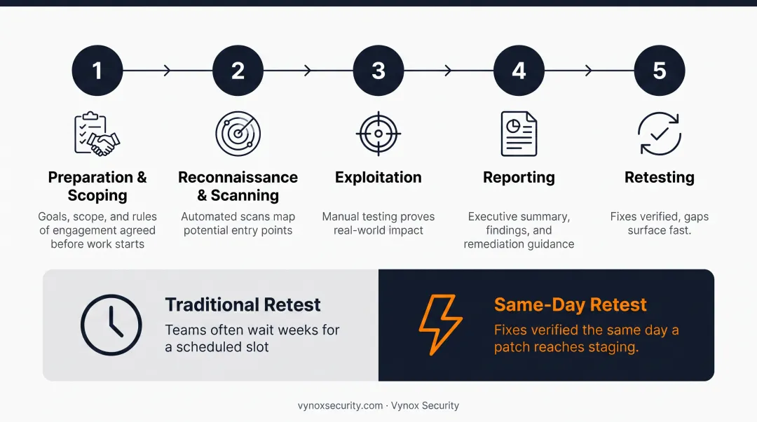 5-step penetration testing process from scoping to retesting