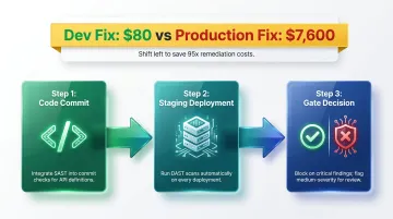 Shift-left API security CI/CD pipeline integration three-step process flow diagram