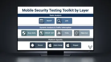 Mobile app security testing tools organized by function and testing layer infographic