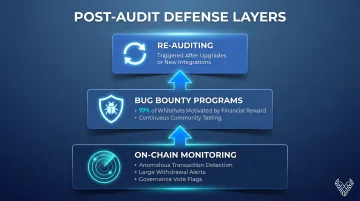Post-audit blockchain security defense layers including monitoring bug bounties and re-auditing