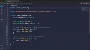 Solidity smart contract code editor showing integer overflow vulnerability and SafeMath protection