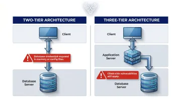 Two-tier versus three-tier thick client architecture comparison infographic