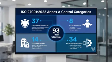 ISO 27001 Annex A four control categories with control counts breakdown infographic