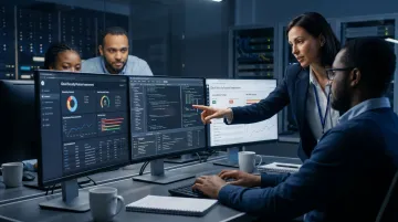 Security analyst reviewing cloud infrastructure assessment findings on multiple monitors