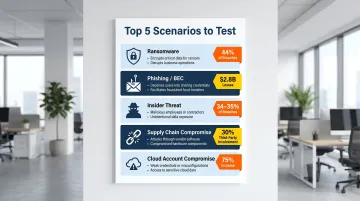 Five cybersecurity tabletop exercise scenarios with threat statistics and key decision points