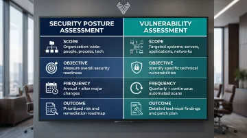 Security posture assessment versus vulnerability assessment side-by-side comparison infographic