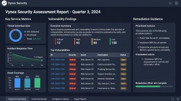 Vynox Security web application assessment report showing vulnerabilities findings and remediation guidance