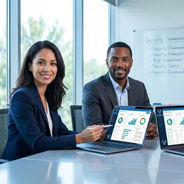 Cybersecurity compliance team reviewing controls and risk dashboards