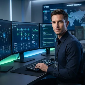 Security analyst reviewing network vulnerabilities