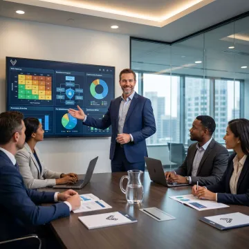 Consultant presenting cybersecurity strategy to business leaders