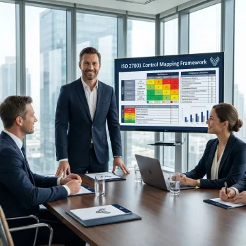 Consultant reviewing ISO 27001 controls with leadership team