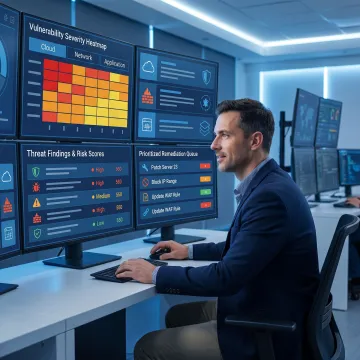 Cybersecurity analyst reviewing threat and vulnerability data