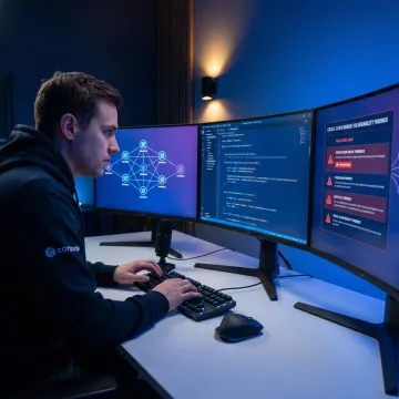 Security analyst reviewing bridge smart contract code