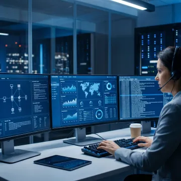 Cybersecurity analyst reviewing network security audit data