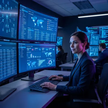 Cybersecurity analyst reviewing risk assessment dashboards