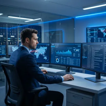 Cybersecurity analyst reviewing network security audit data