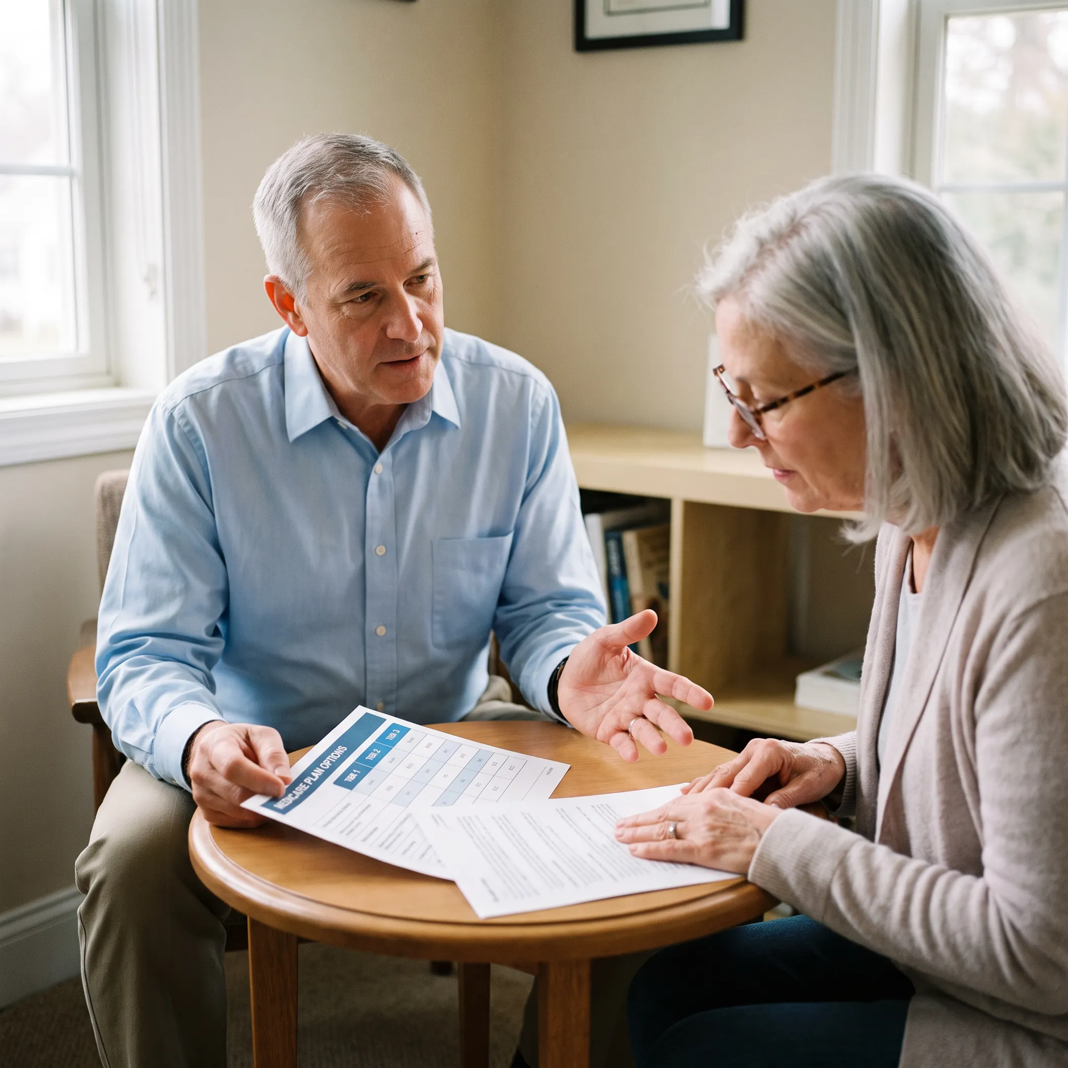Advisor explaining Medicare Supplement coverage choices to a senior client