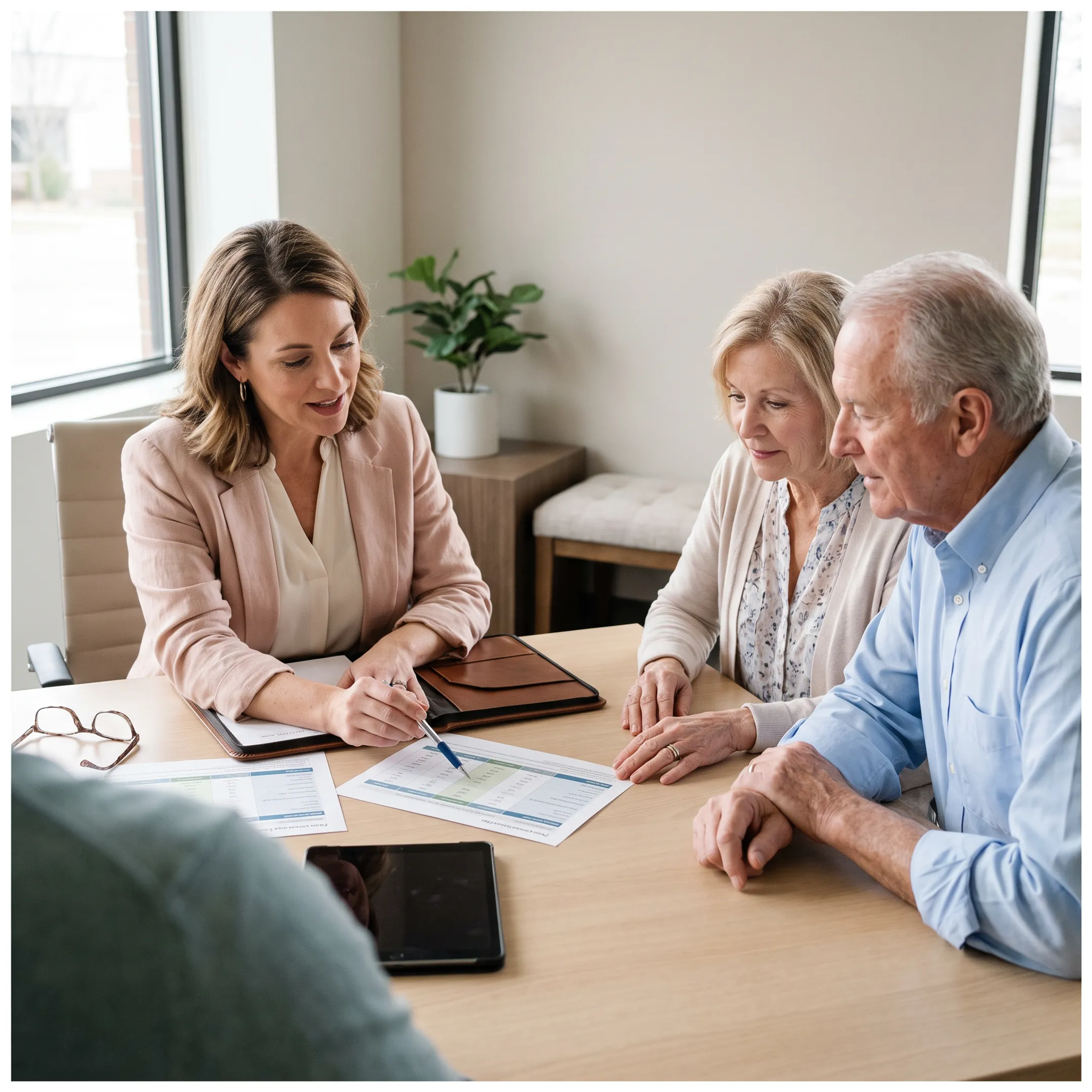Advisor explaining Medicare plan choices to a senior couple