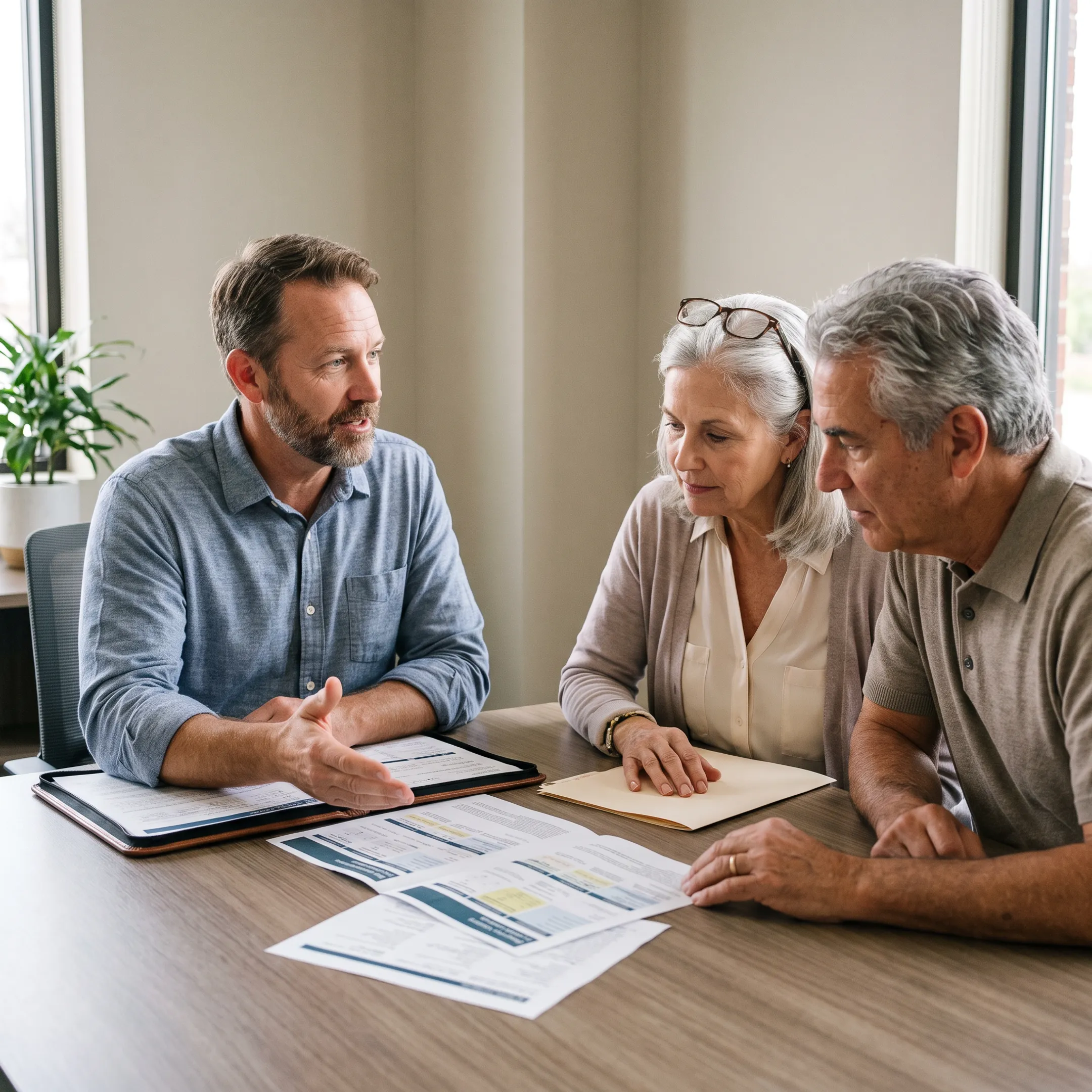 Advisor explaining Medicare plan choices to a senior couple