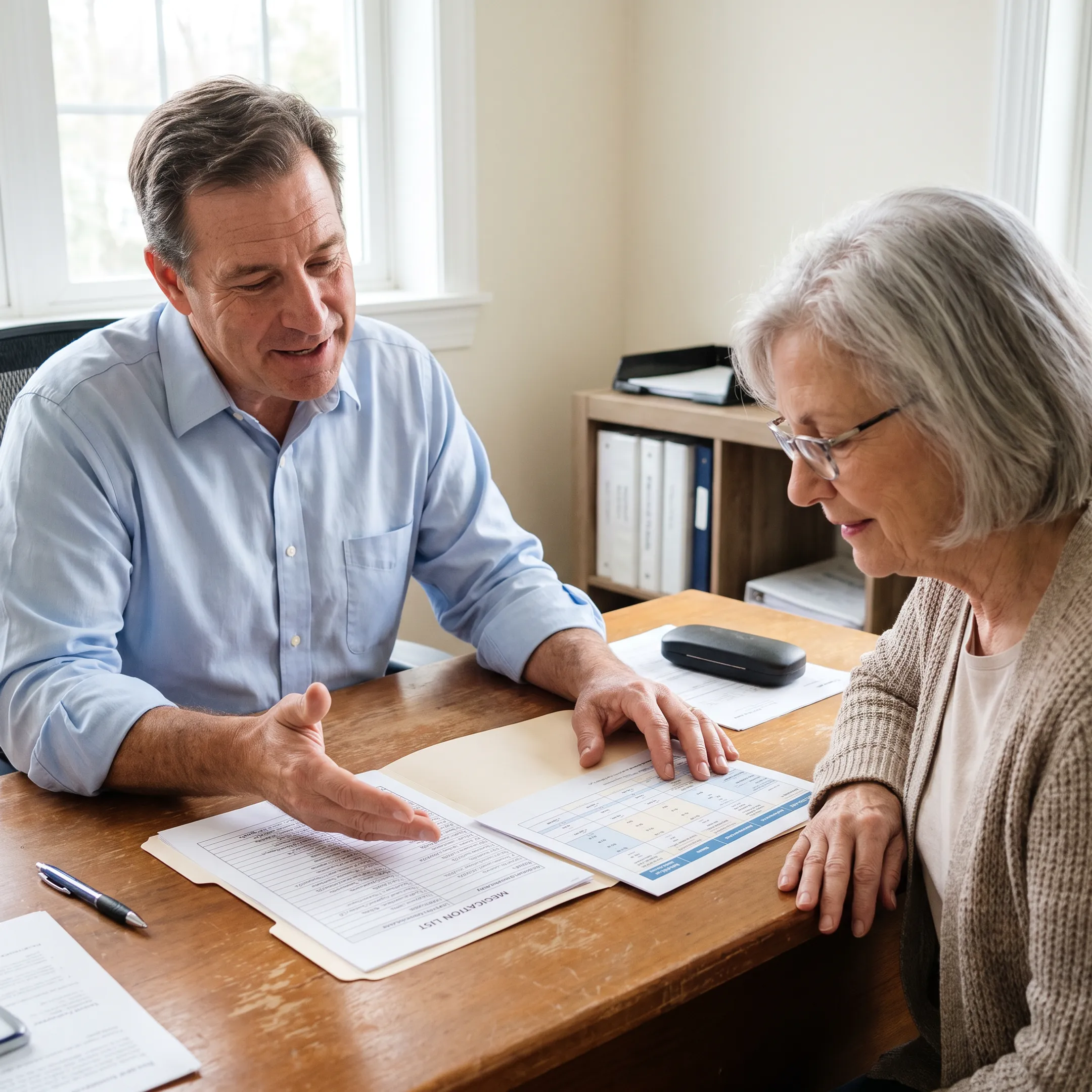 Medicare advisor explaining prescription drug coverage choices to a client