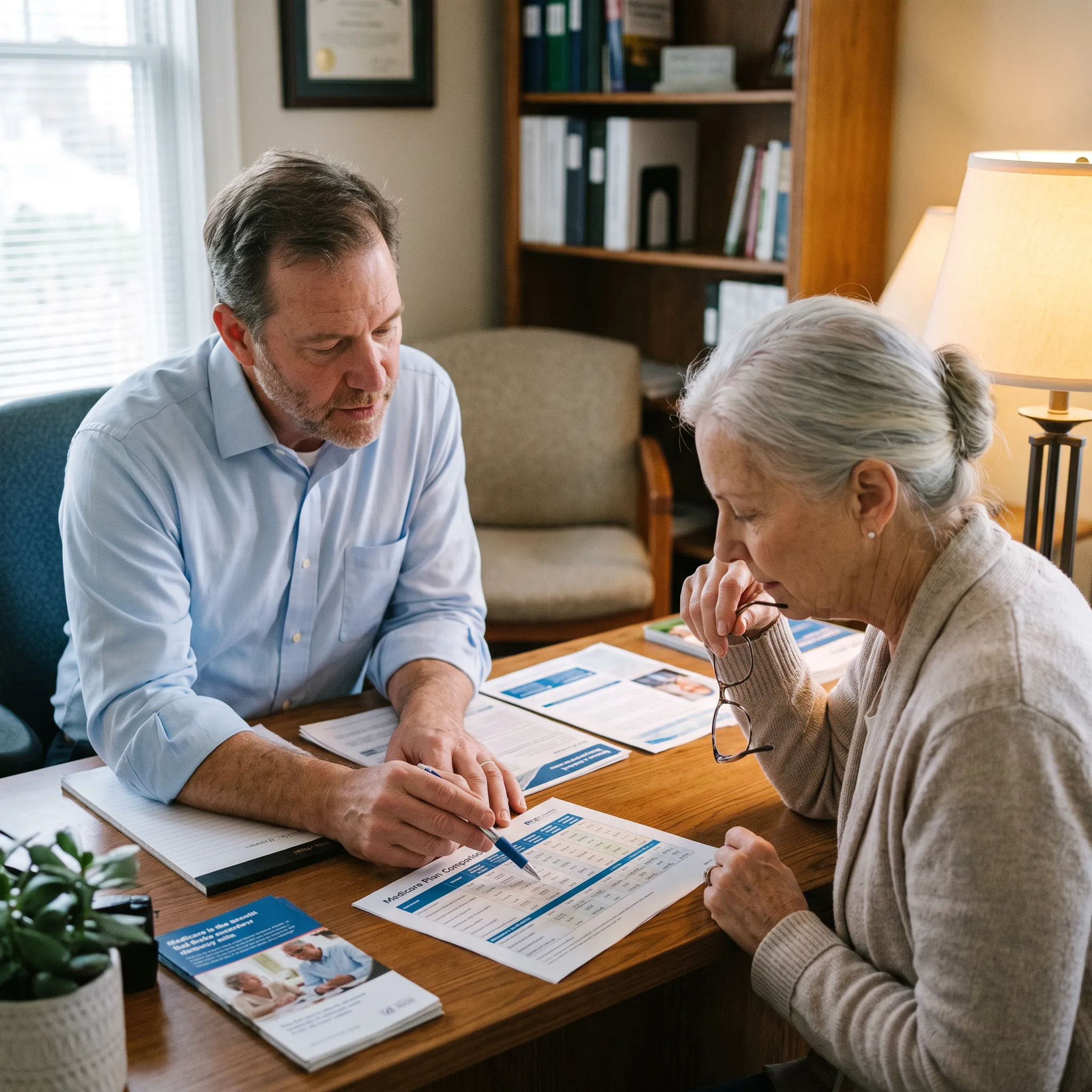 Medicare advisor discussing coverage options with a senior client at a desk