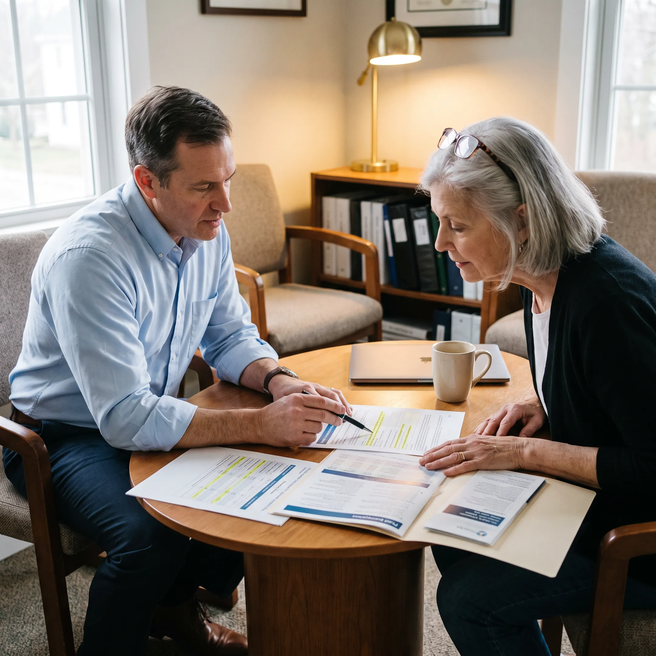 Medicare advisor discussing healthcare coverage options with a senior client at an office desk
