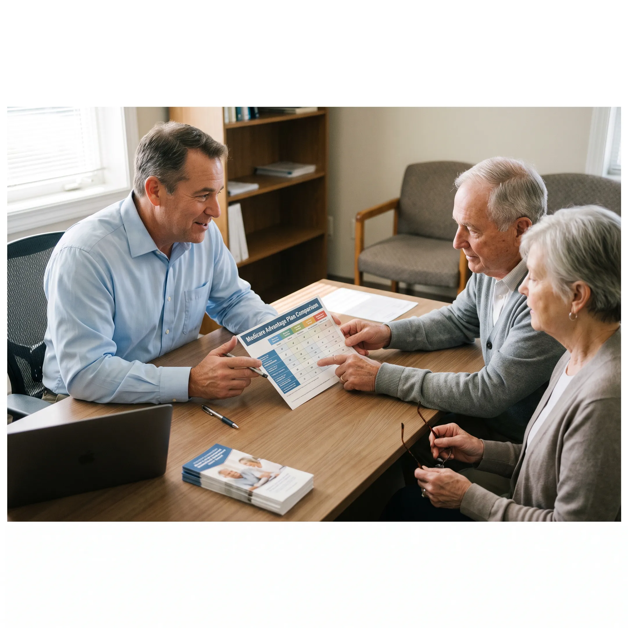 Advisor explaining Medicare plan options to a senior couple during a personal consultation