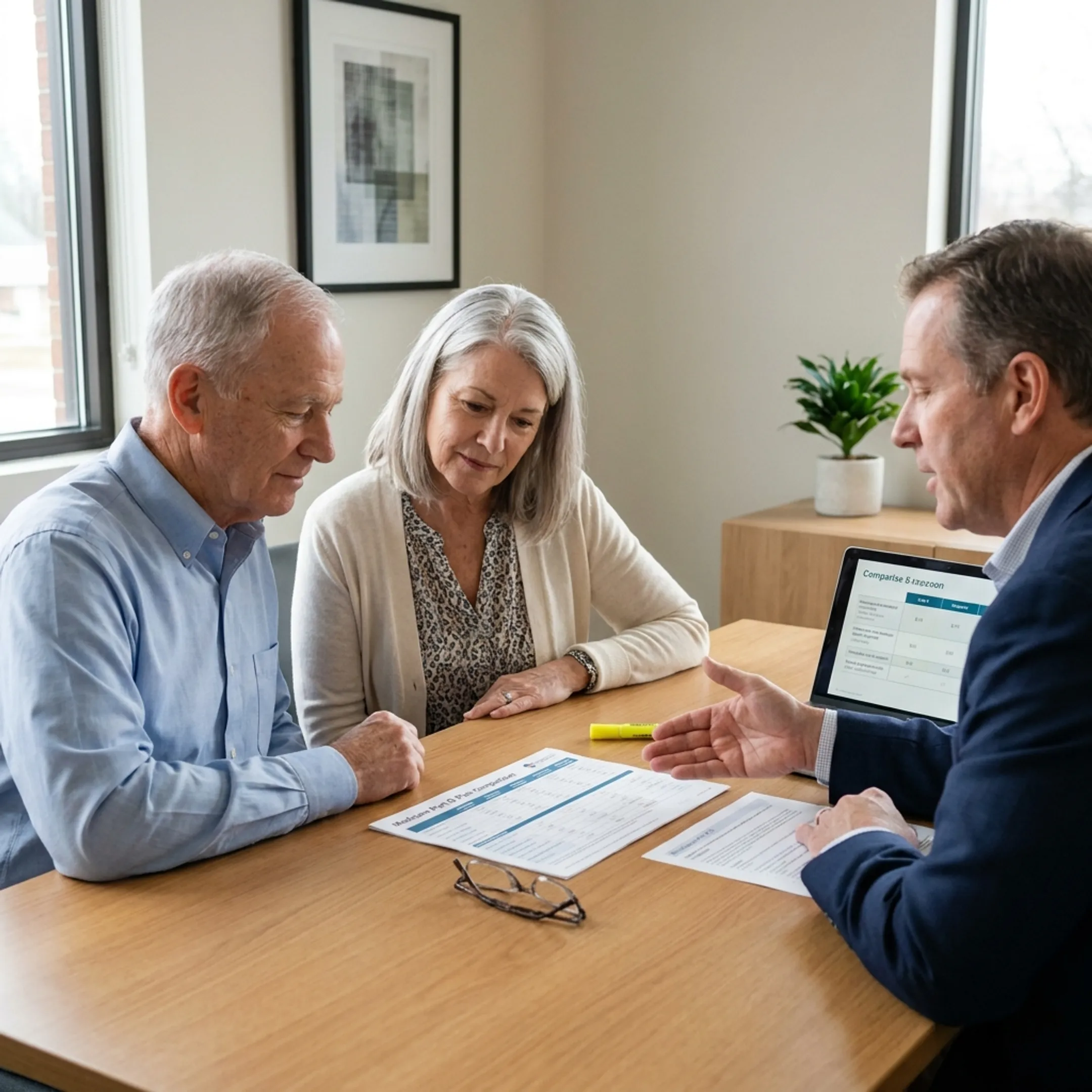 Retirees reviewing Medicare prescription coverage