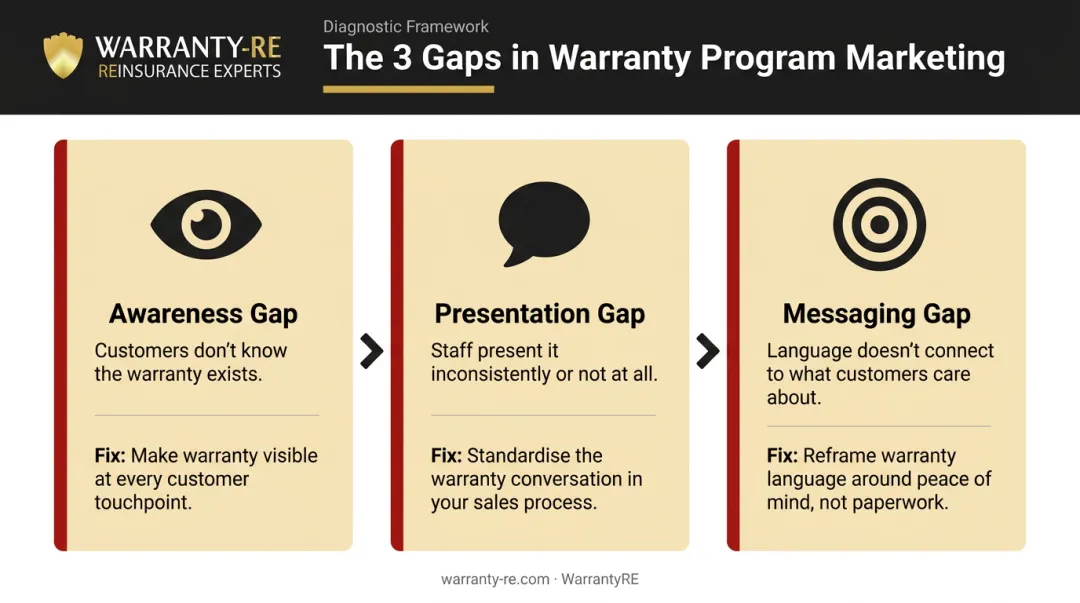 Three-gap warranty marketing framework awareness presentation and messaging breakdown