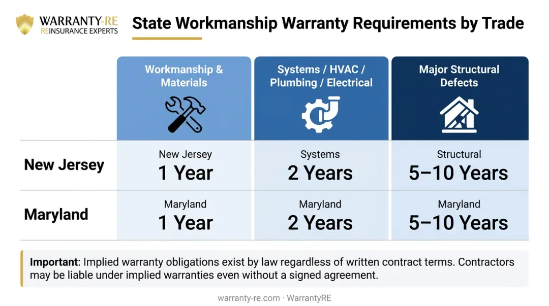 Contractor workmanship warranty duration comparison by state and trade type