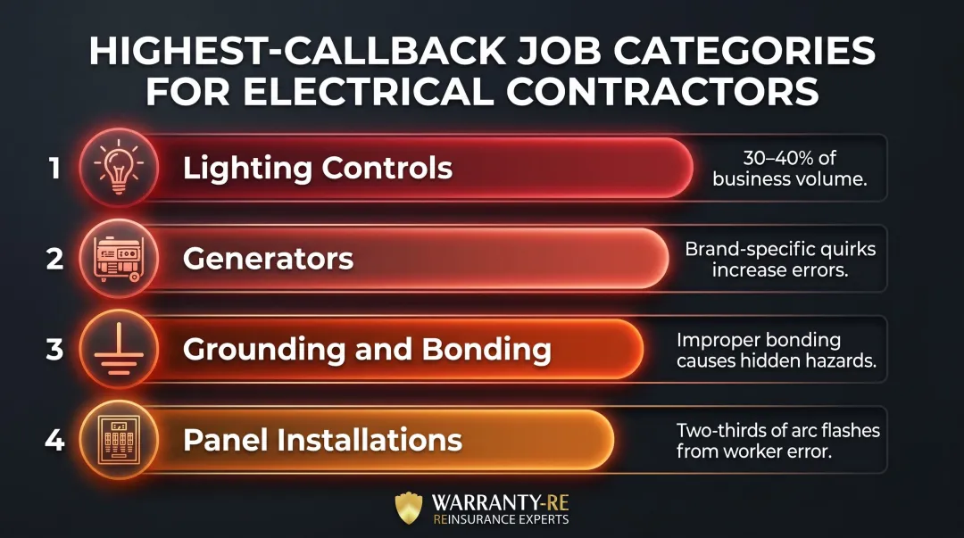 Top four electrical contractor callback categories with percentage rates infographic