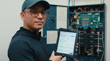 Field service technician completing digital quality checklist on tablet at job site