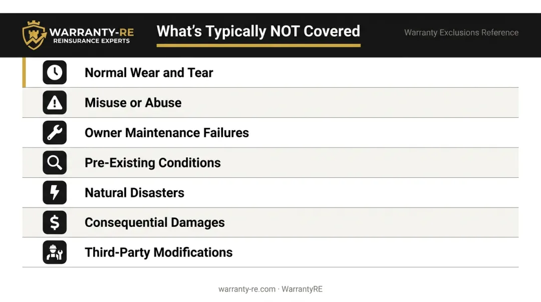 Seven common home service warranty exclusion categories with icons infographic