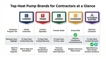 Five top heat pump brands compared by contractor program warranty and market focus