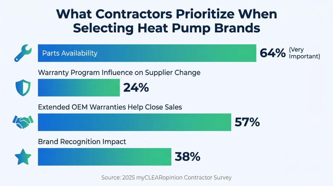 Top contractor heat pump brand selection criteria ranked by importance infographic