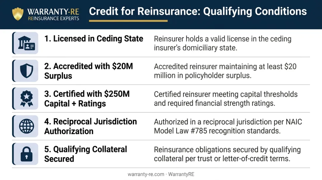 Five credit for reinsurance qualifying conditions comparison infographic for contractors