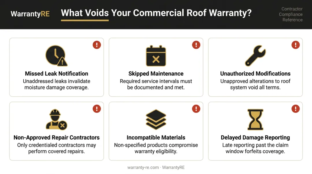 Six common conditions that void a commercial roofing warranty infographic