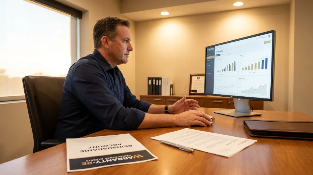 Contractor reviewing reinsurance ownership financial reports with investment growth charts